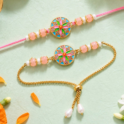 Premium Round Meenakari Kundan Crystal Pearl Beads Bhai Bhabhi Rakhi Lumba Set