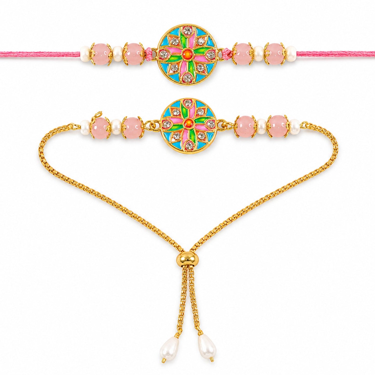 Premium Round Meenakari Kundan Crystal Pearl Beads Bhai Bhabhi Rakhi Lumba Set