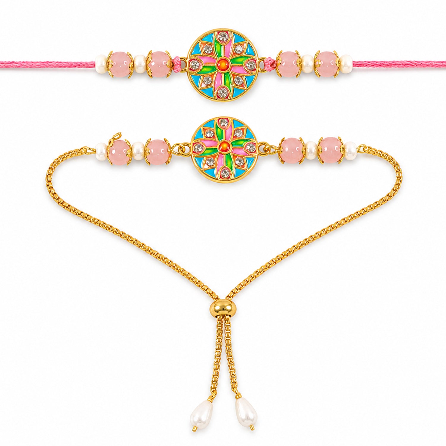 Premium Round Meenakari Kundan Crystal Pearl Beads Bhai Bhabhi Rakhi Lumba Set