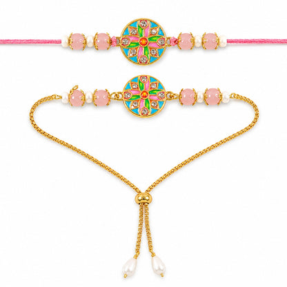 Premium Round Meenakari Kundan Crystal Pearl Beads Bhai Bhabhi Rakhi Lumba Set