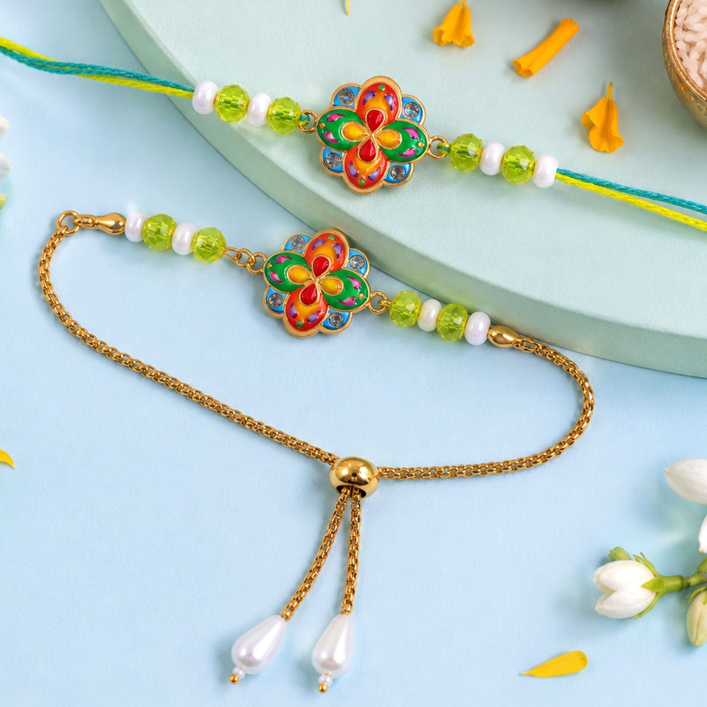 Flower Meenakari Enamel Crystal Beads Bhai Bhabhi Rakhi Lumba Set