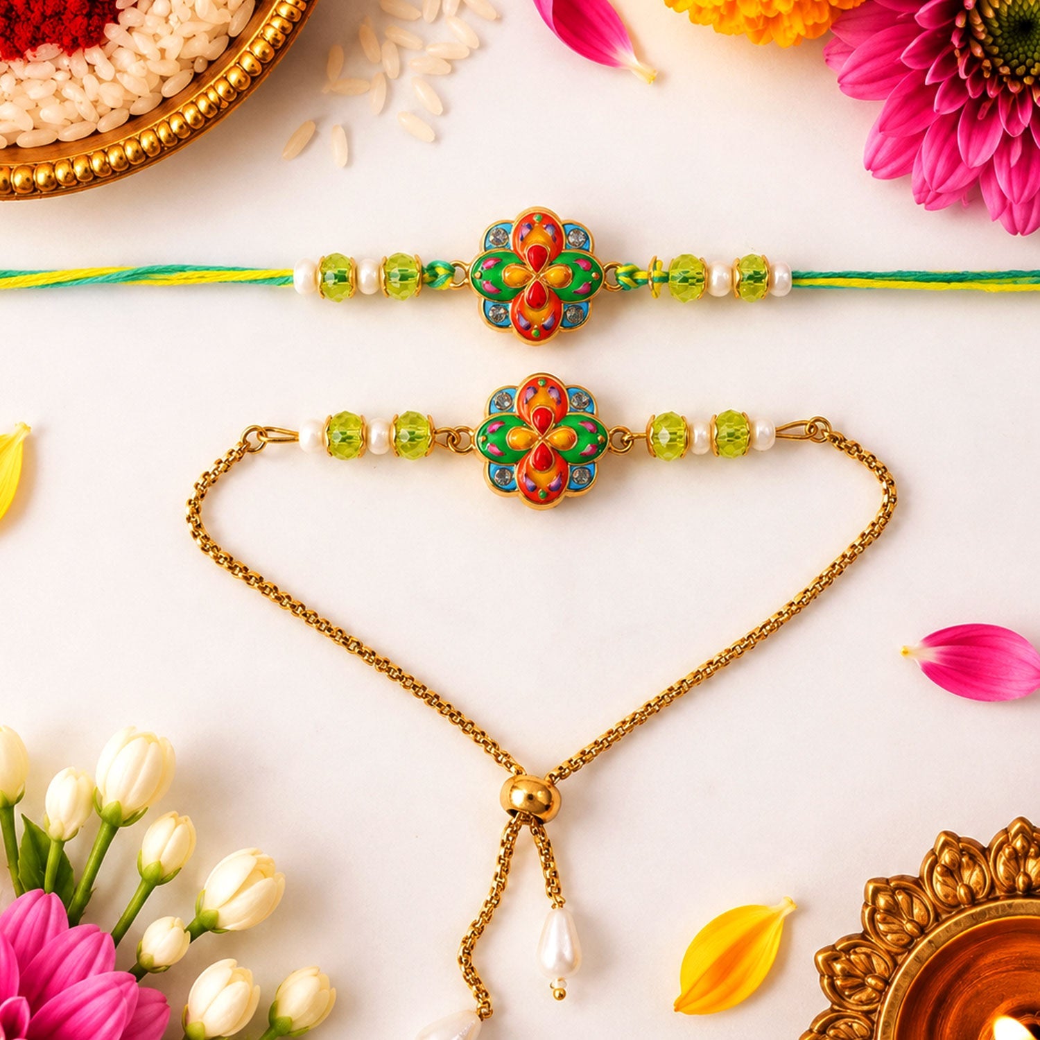 Flower Meenakari Enamel Crystal Beads Bhai Bhabhi Rakhi Lumba Set