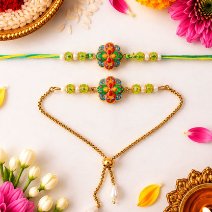 Flower Meenakari Enamel Crystal Beads Bhai Bhabhi Rakhi Lumba Set