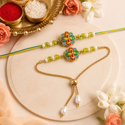 Flower Meenakari Enamel Crystal Beads Bhai Bhabhi Rakhi Lumba Set