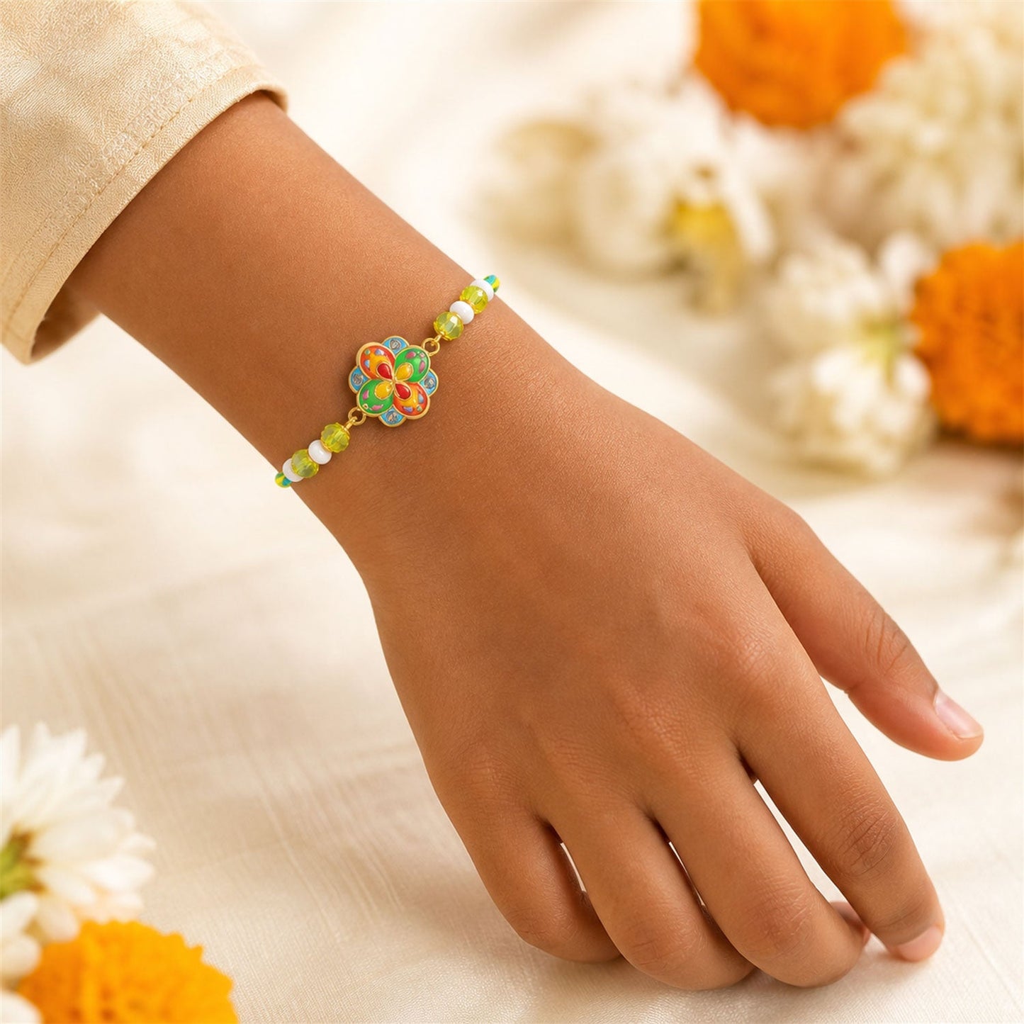 Flower Meenakari Enamel Crystal Beads Bhai Bhabhi Rakhi Lumba Set