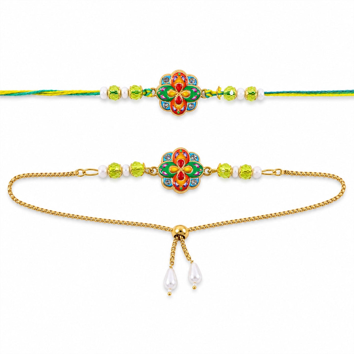 Flower Meenakari Enamel Crystal Beads Bhai Bhabhi Rakhi Lumba Set