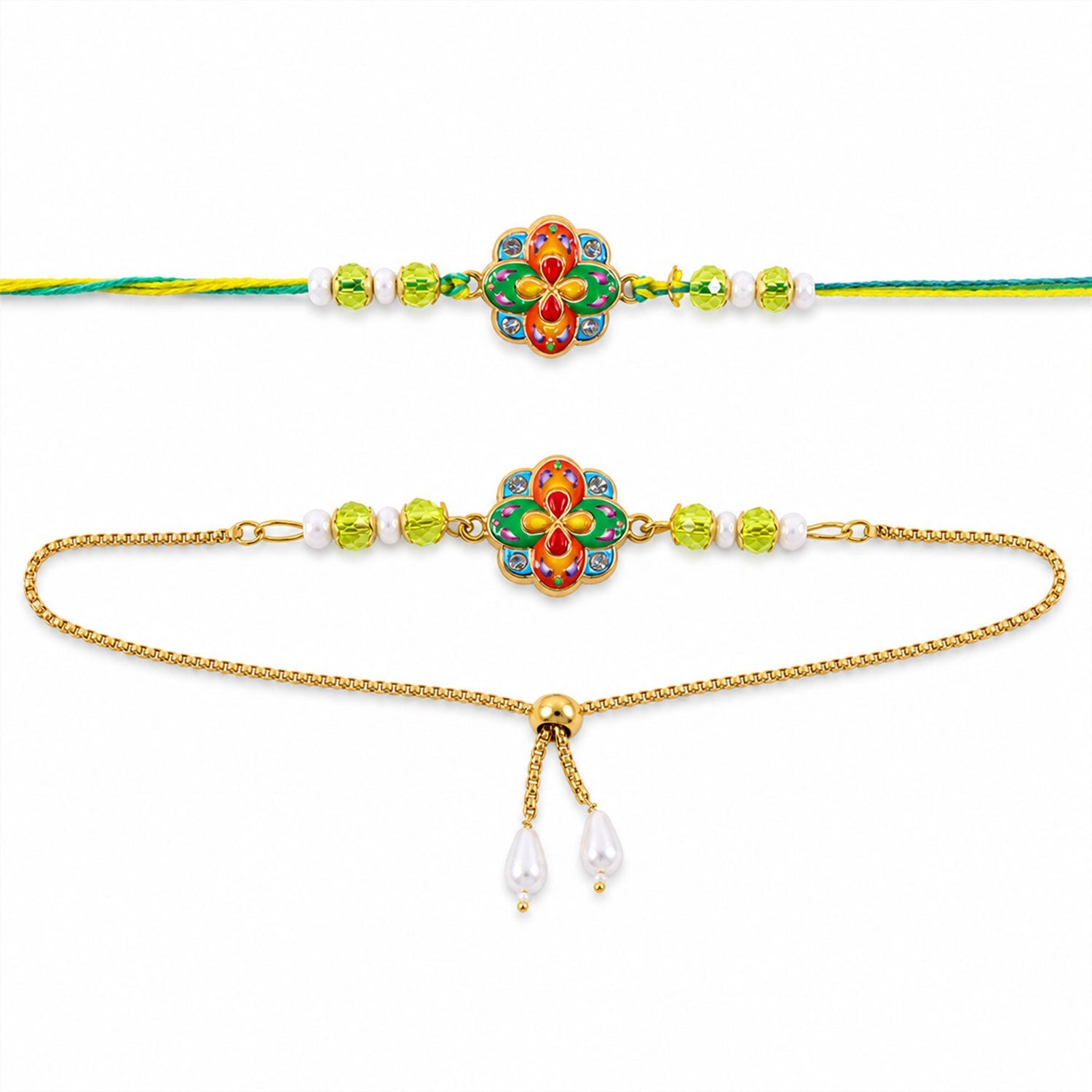Flower Meenakari Enamel Crystal Beads Bhai Bhabhi Rakhi Lumba Set