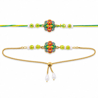 Flower Meenakari Enamel Crystal Beads Bhai Bhabhi Rakhi Lumba Set