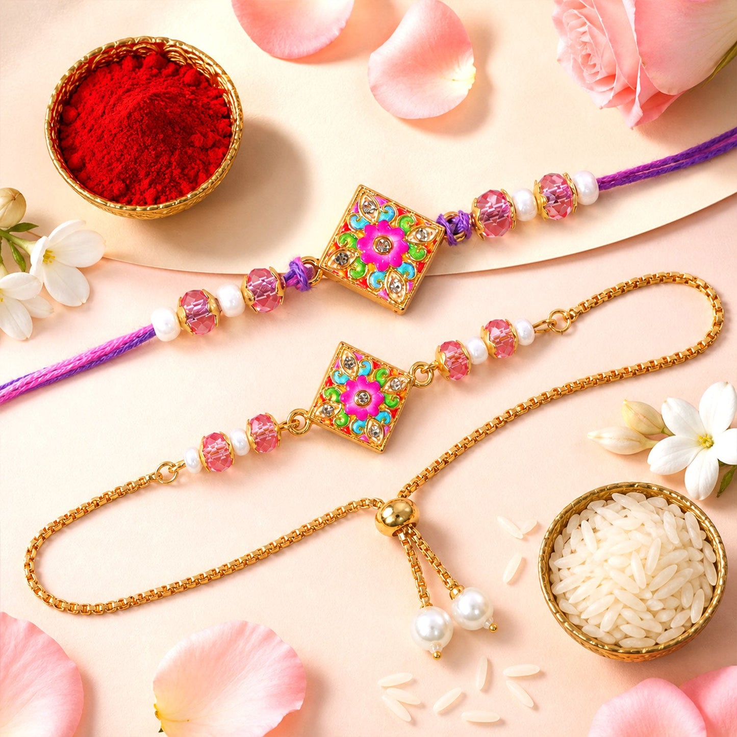 Diamond Floral Meenakari Kundan Beads Bhai Bhabhi Rakhi Lumba Set