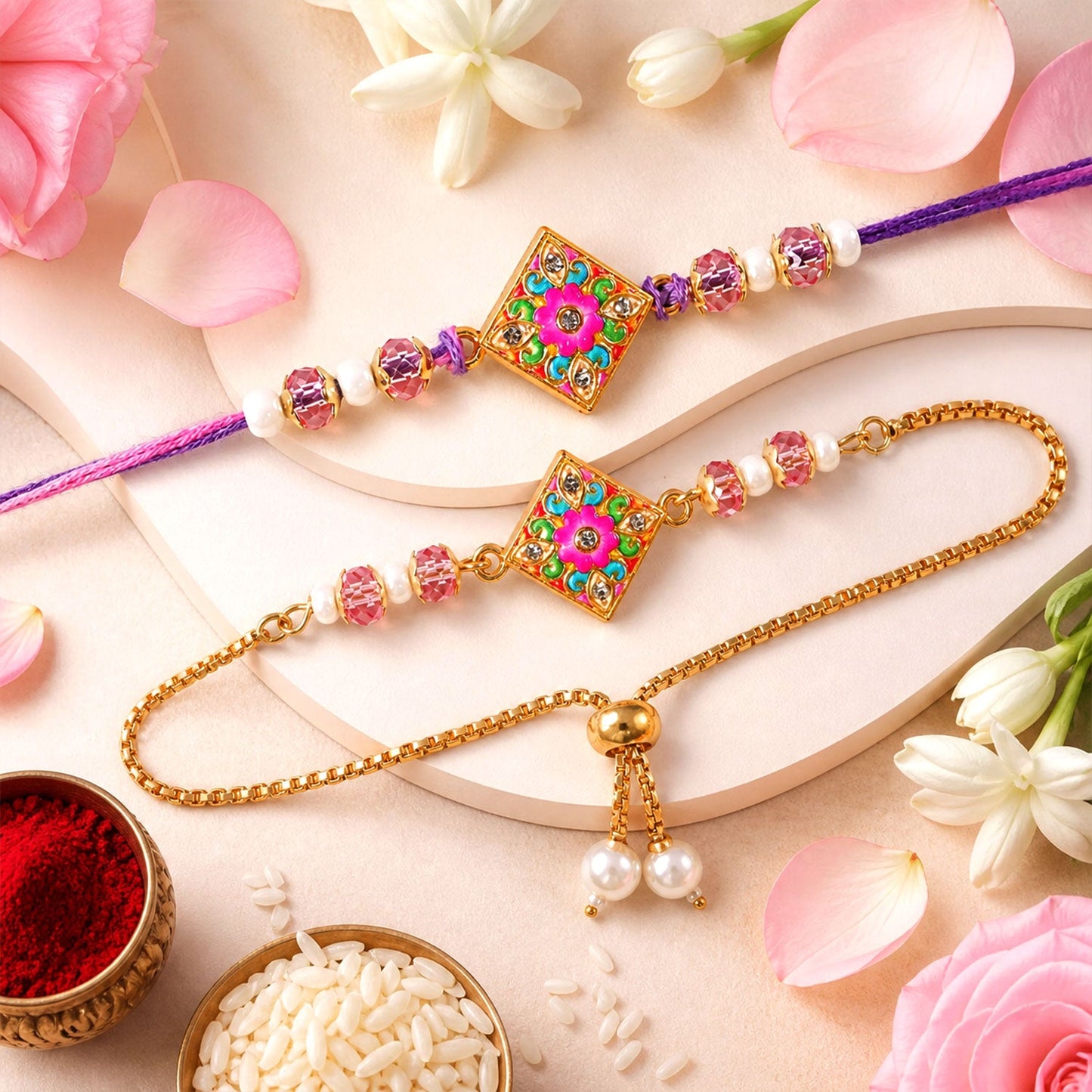 Diamond Floral Meenakari Kundan Beads Bhai Bhabhi Rakhi Lumba Set