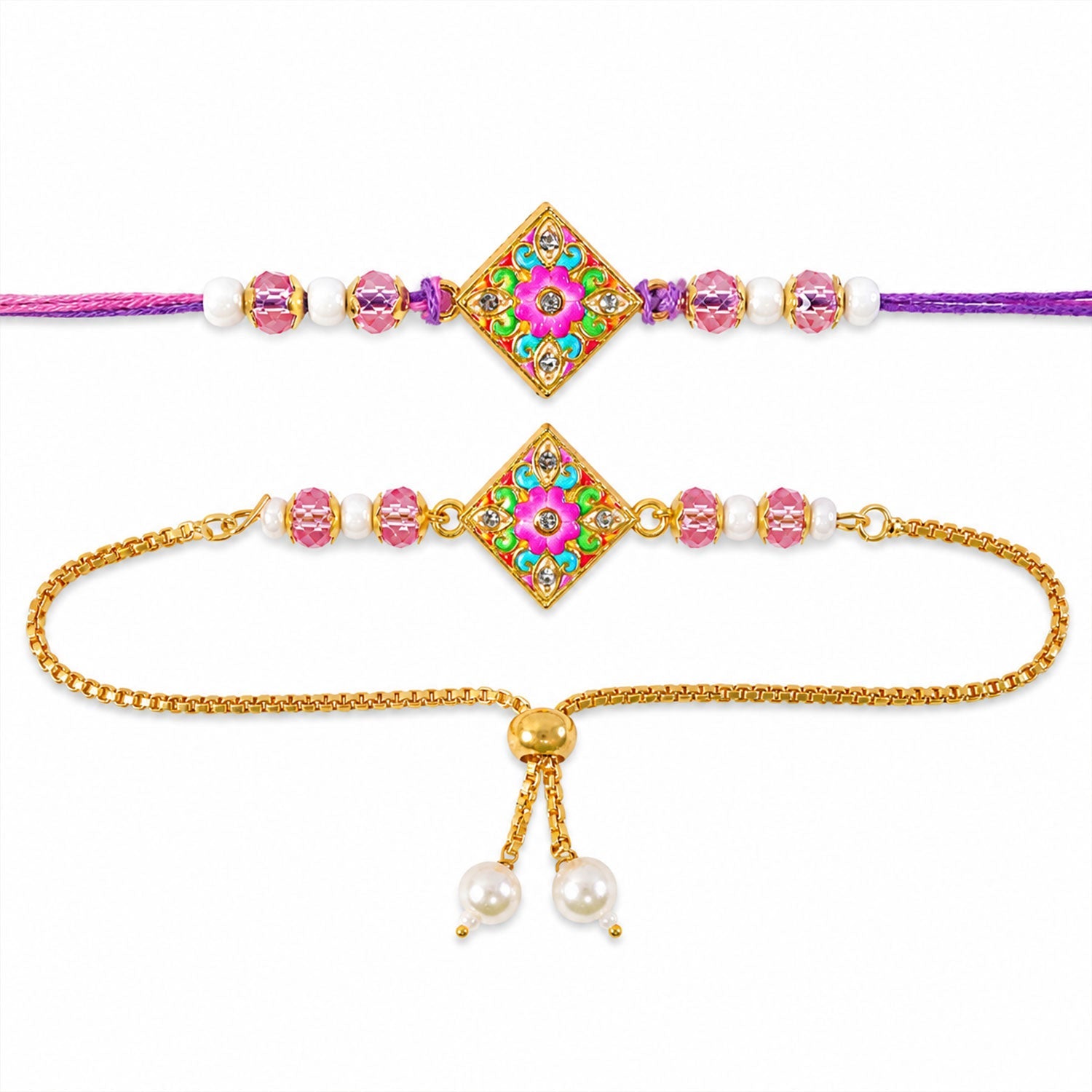 Diamond Floral Meenakari Kundan Beads Bhai Bhabhi Rakhi Lumba Set