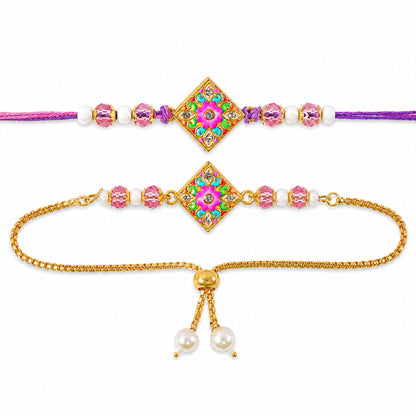 Diamond Floral Meenakari Kundan Beads Bhai Bhabhi Rakhi Lumba Set