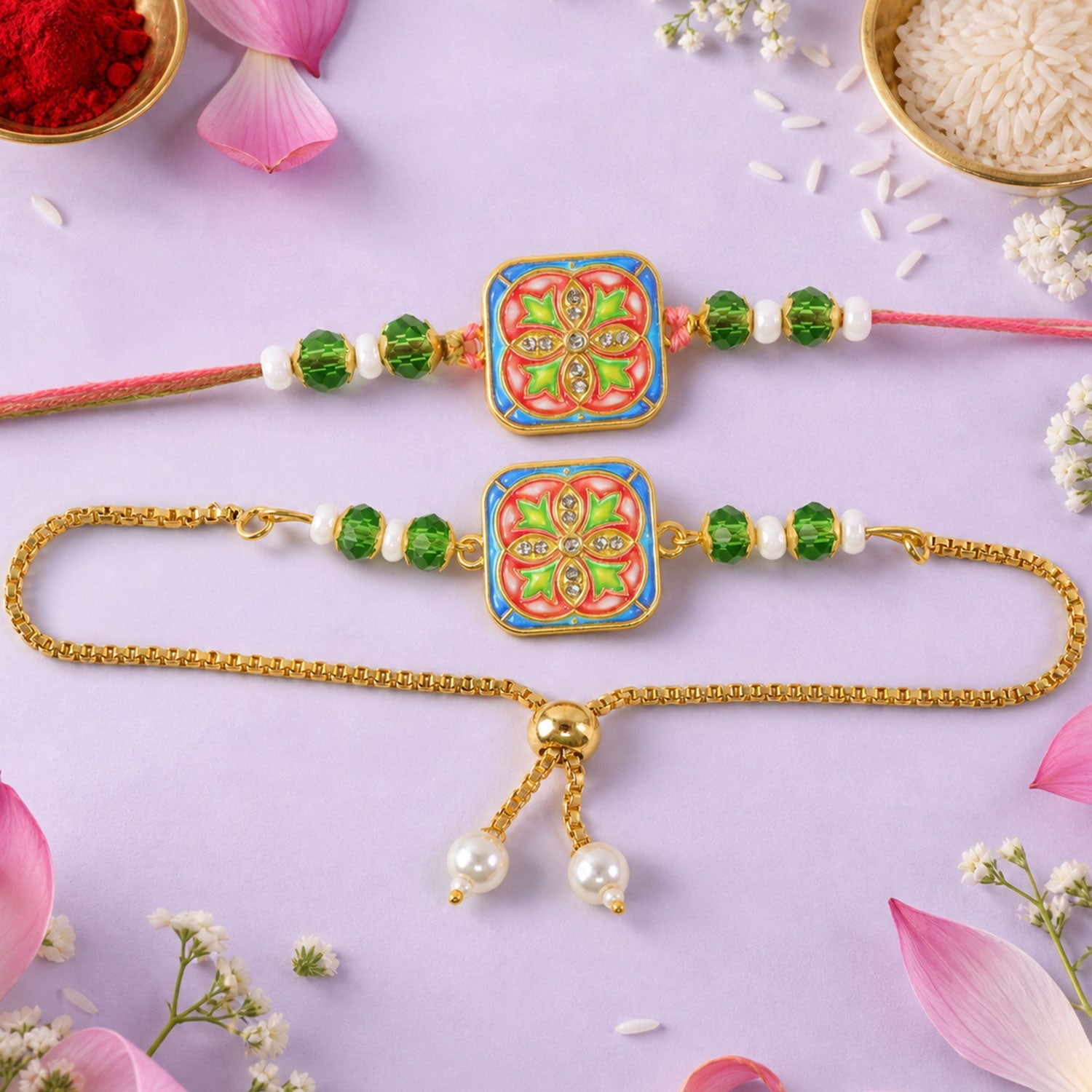 Premium Square Meenakari Kundan Floral Beads Bhai Bhabhi Rakhi Lumba Set