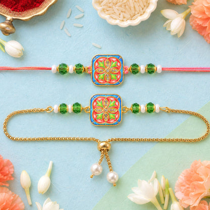 Premium Square Meenakari Kundan Floral Beads Bhai Bhabhi Rakhi Lumba Set
