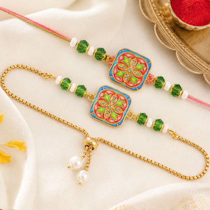 Premium Square Meenakari Kundan Floral Beads Bhai Bhabhi Rakhi Lumba Set