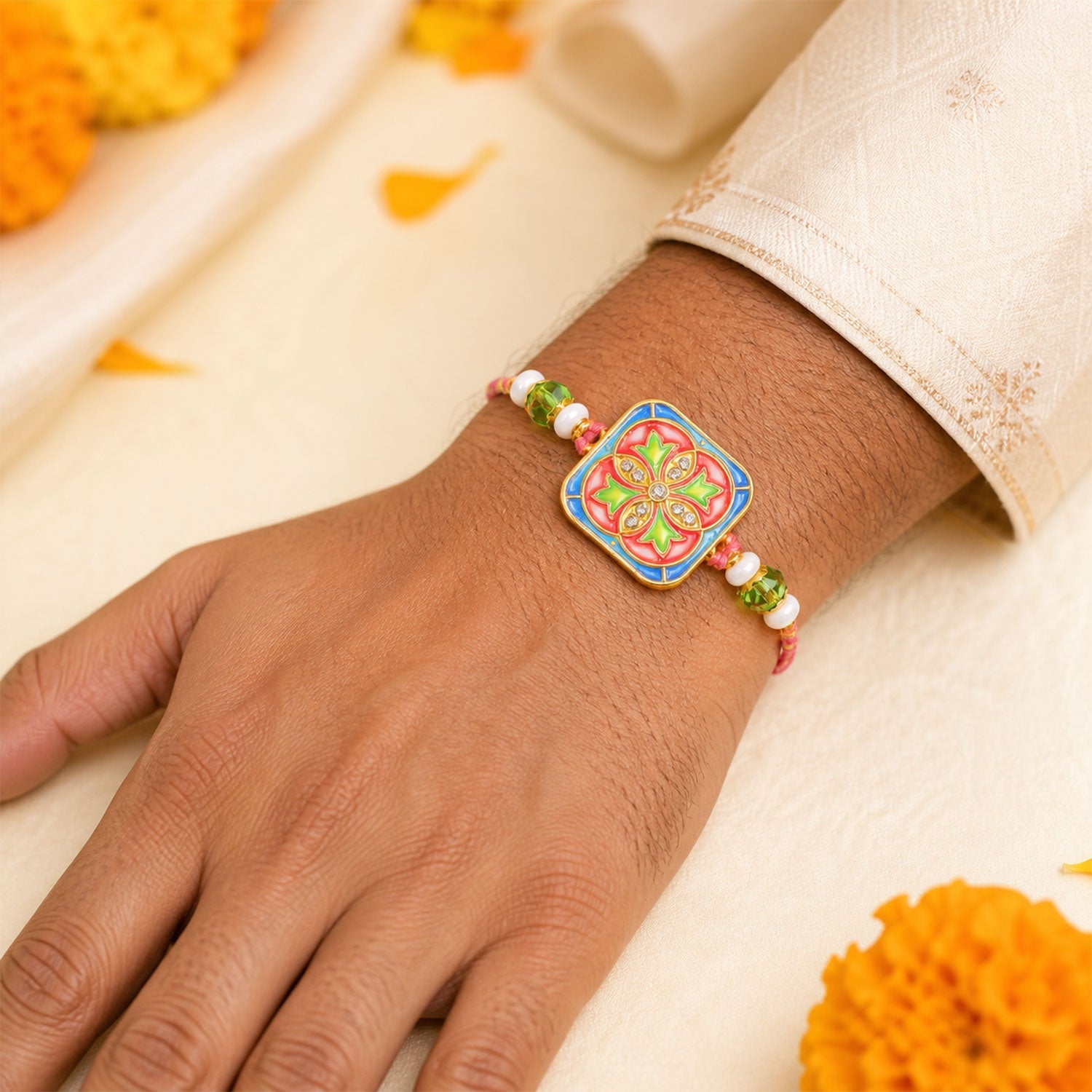 Premium Square Meenakari Kundan Floral Beads Bhai Bhabhi Rakhi Lumba Set