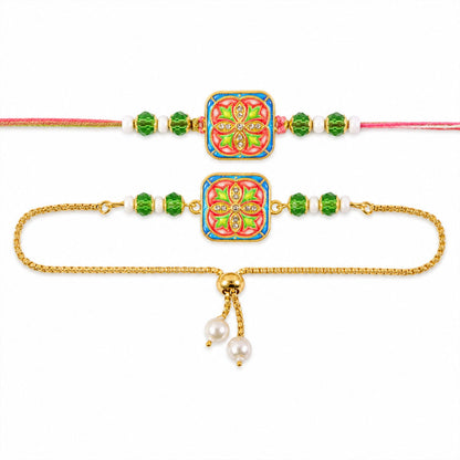 Premium Square Meenakari Kundan Floral Beads Bhai Bhabhi Rakhi Lumba Set