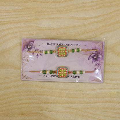 Premium Square Meenakari Kundan Floral Beads Bhai Bhabhi Rakhi Lumba Set