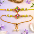 Stylish Square Twist Enamel Solitaire Kundan Beads Bhai Bhabhi Rakhi Lumba Set
