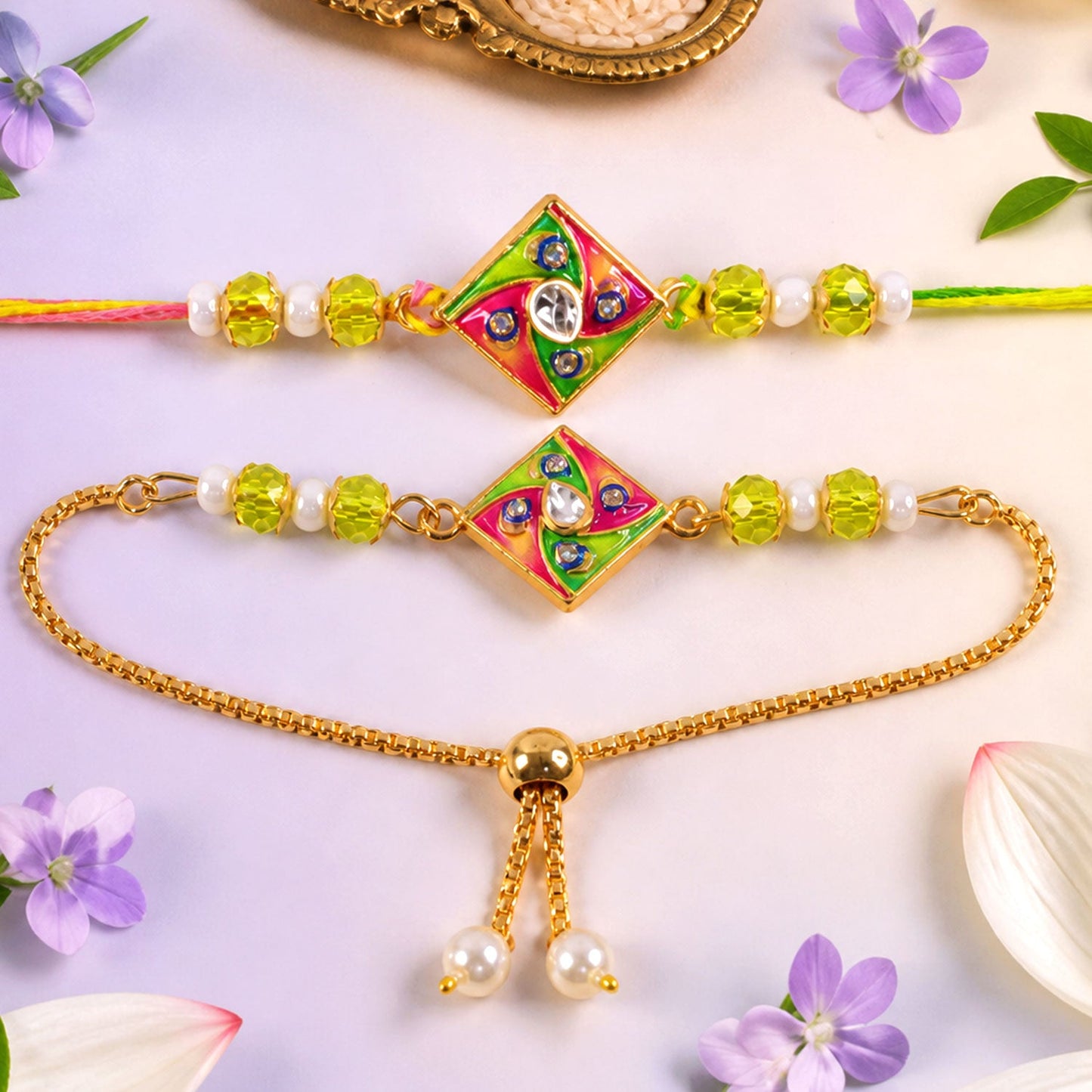 Stylish Square Twist Enamel Solitaire Kundan Beads Bhai Bhabhi Rakhi Lumba Set