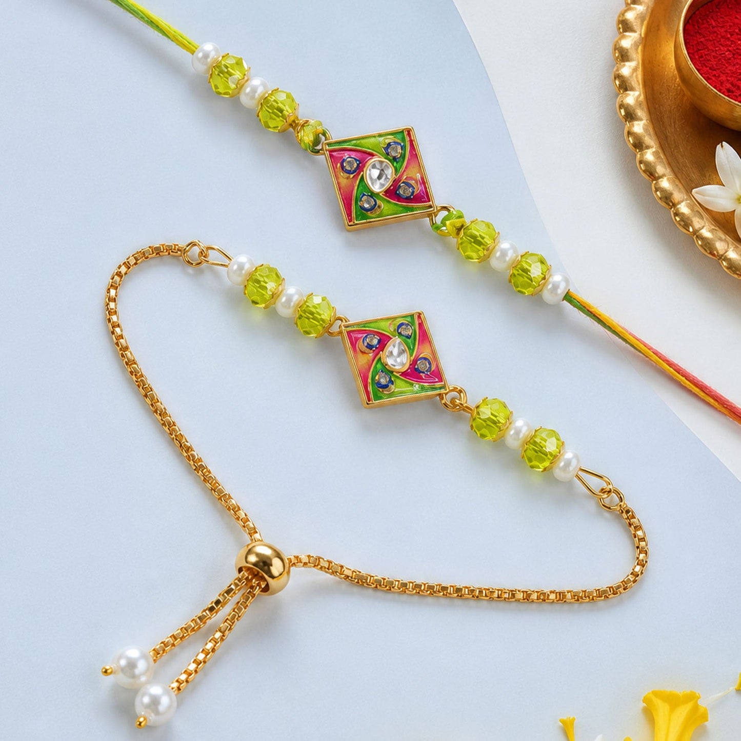 Stylish Square Twist Enamel Solitaire Kundan Beads Bhai Bhabhi Rakhi Lumba Set
