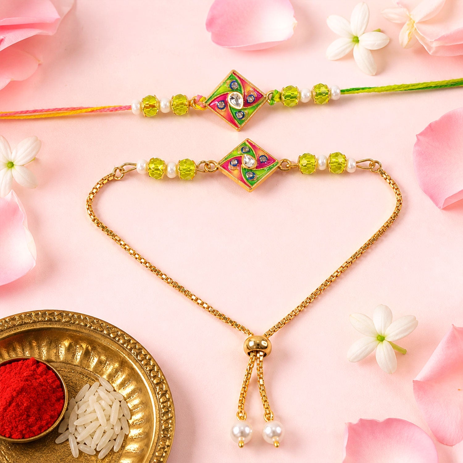 Stylish Square Twist Enamel Solitaire Kundan Beads Bhai Bhabhi Rakhi Lumba Set