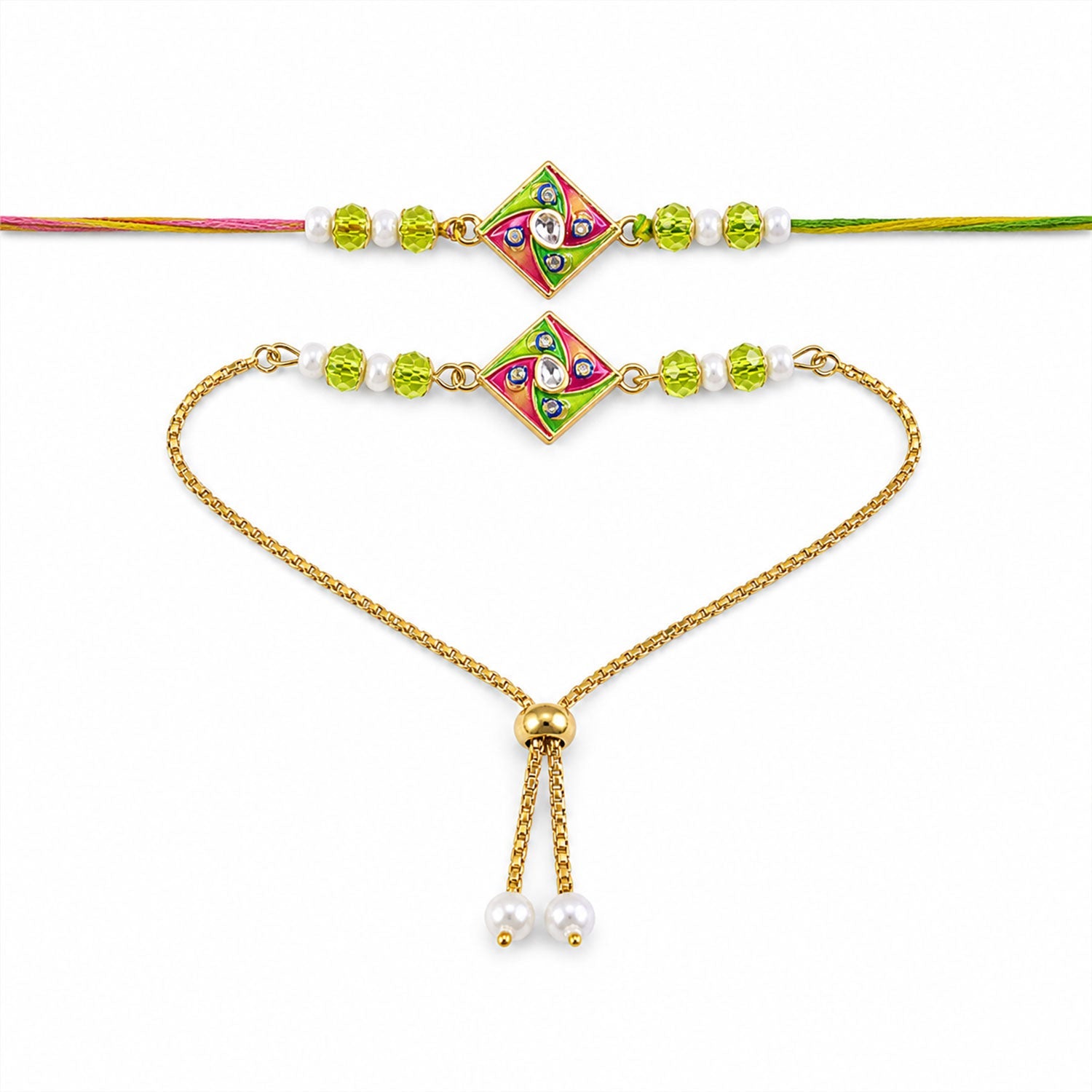 Stylish Square Twist Enamel Solitaire Kundan Beads Bhai Bhabhi Rakhi Lumba Set