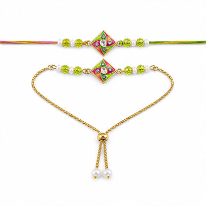 Stylish Square Twist Enamel Solitaire Kundan Beads Bhai Bhabhi Rakhi Lumba Set