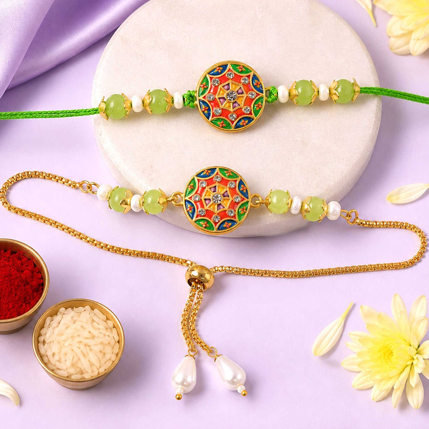 Round Mandala Meenakari Kundan Beads Bhai Bhabhi Rakhi Lumba Set