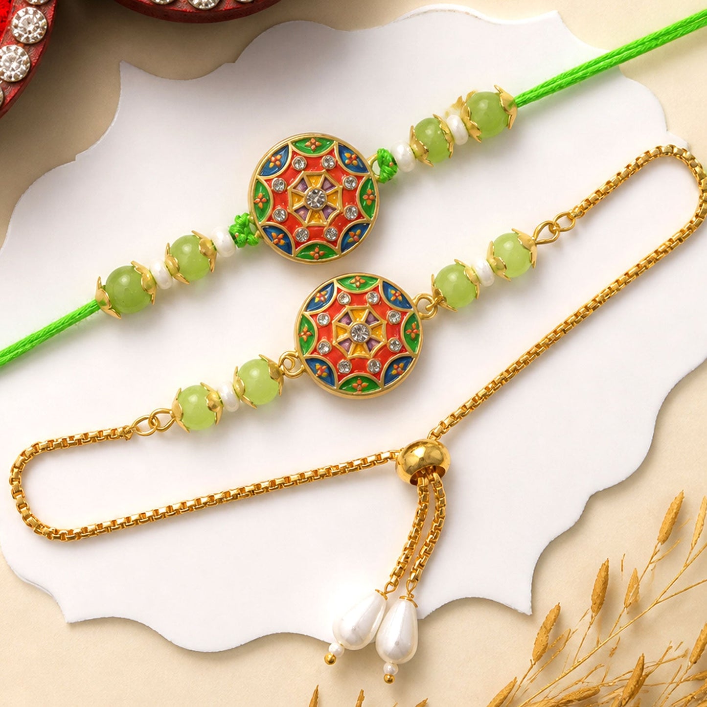 Round Mandala Meenakari Kundan Beads Bhai Bhabhi Rakhi Lumba Set