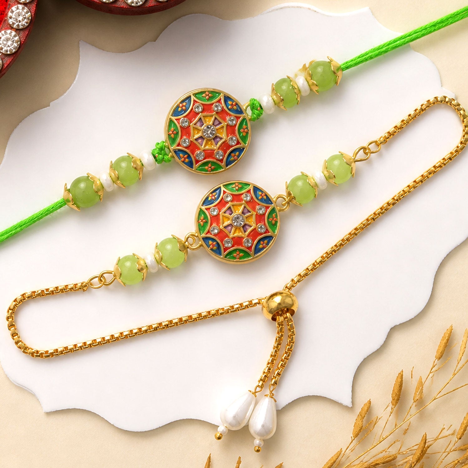Round Mandala Meenakari Kundan Beads Bhai Bhabhi Rakhi Lumba Set