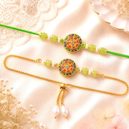 Round Mandala Meenakari Kundan Beads Bhai Bhabhi Rakhi Lumba Set