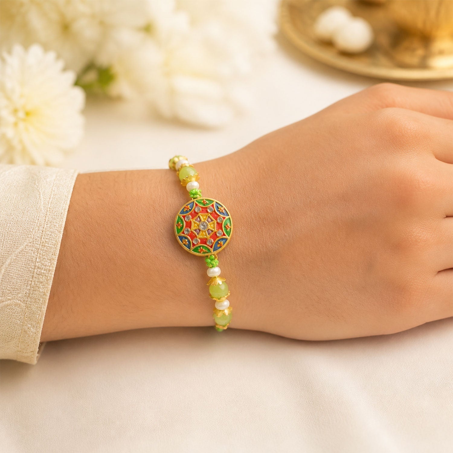 Round Mandala Meenakari Kundan Beads Bhai Bhabhi Rakhi Lumba Set