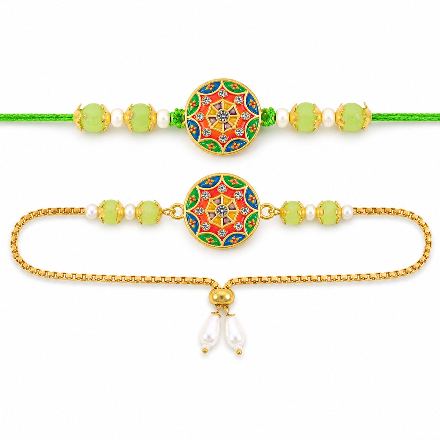 Round Mandala Meenakari Kundan Beads Bhai Bhabhi Rakhi Lumba Set