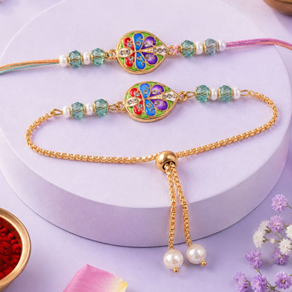 Floral Meenakari Kundan Crystal Pearl Beads Bhai Bhabhi Rakhi Lumba Set