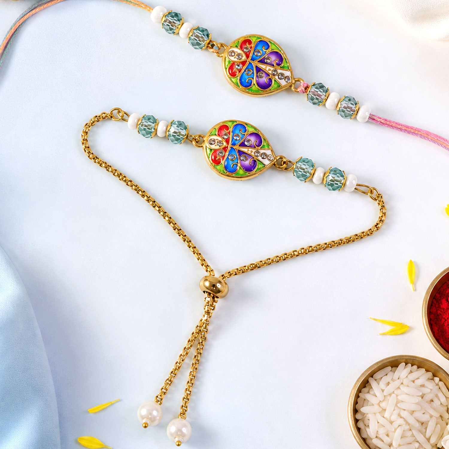 Floral Meenakari Kundan Crystal Pearl Beads Bhai Bhabhi Rakhi Lumba Set