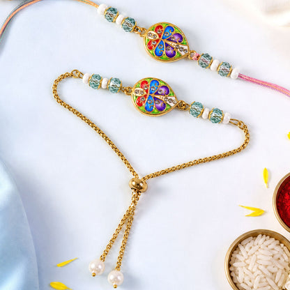 Floral Meenakari Kundan Crystal Pearl Beads Bhai Bhabhi Rakhi Lumba Set