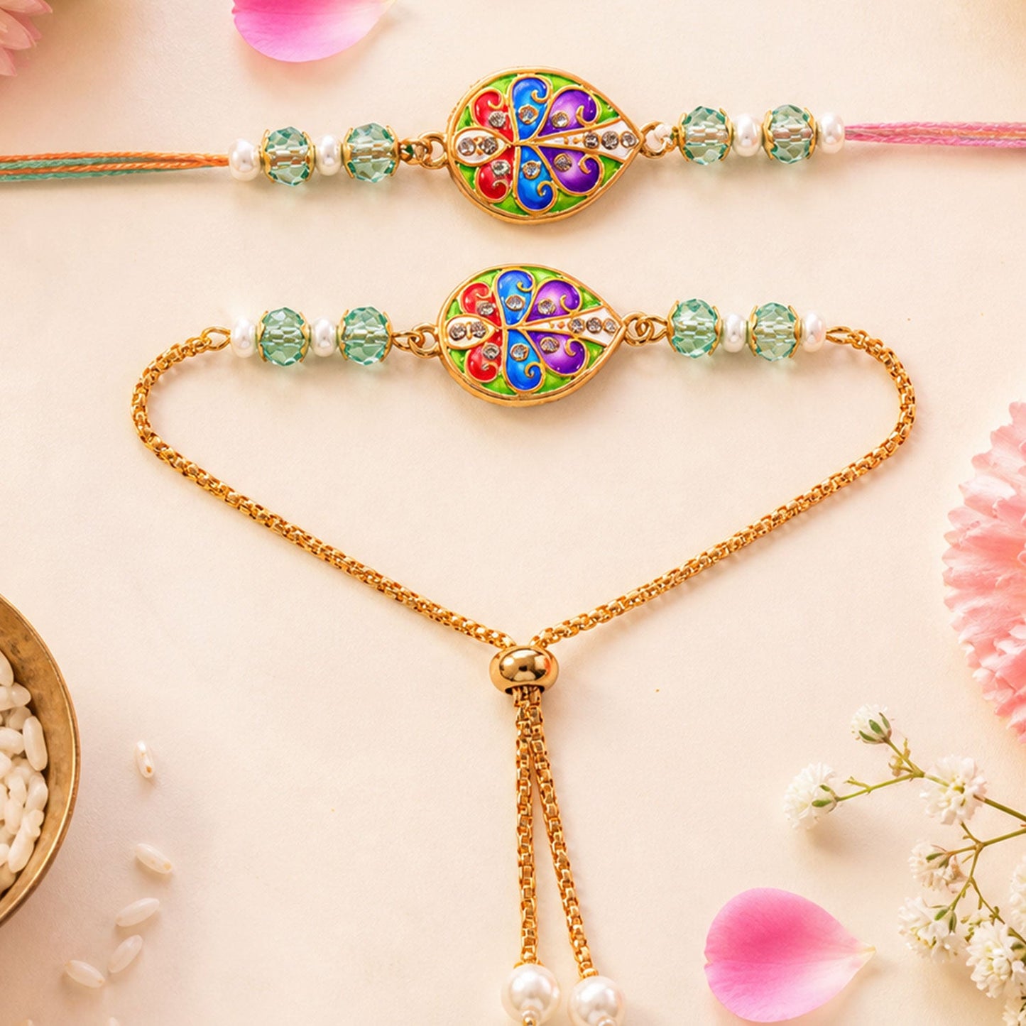 Floral Meenakari Kundan Crystal Pearl Beads Bhai Bhabhi Rakhi Lumba Set