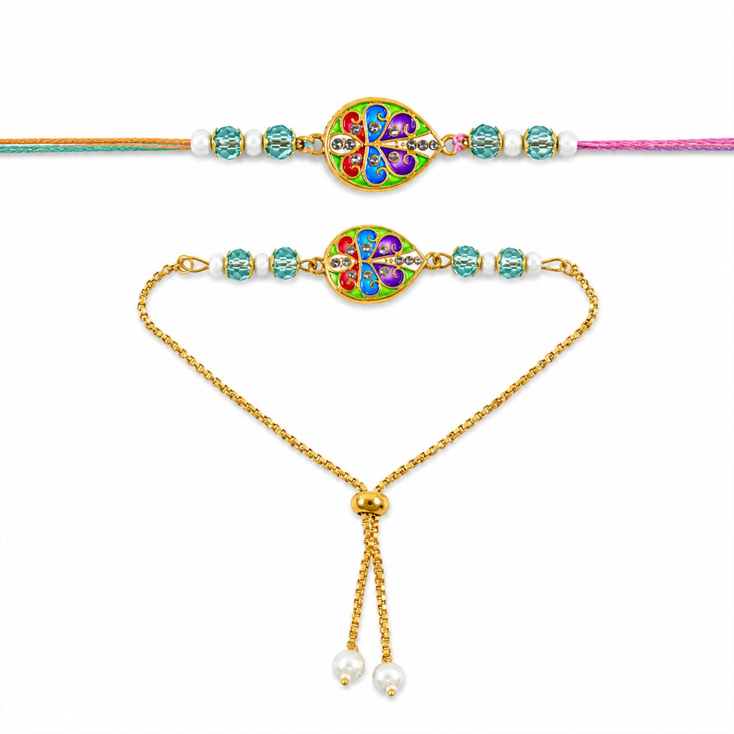Floral Meenakari Kundan Crystal Pearl Beads Bhai Bhabhi Rakhi Lumba Set