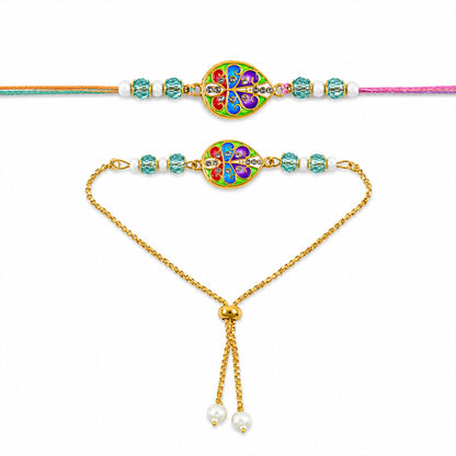 Floral Meenakari Kundan Crystal Pearl Beads Bhai Bhabhi Rakhi Lumba Set