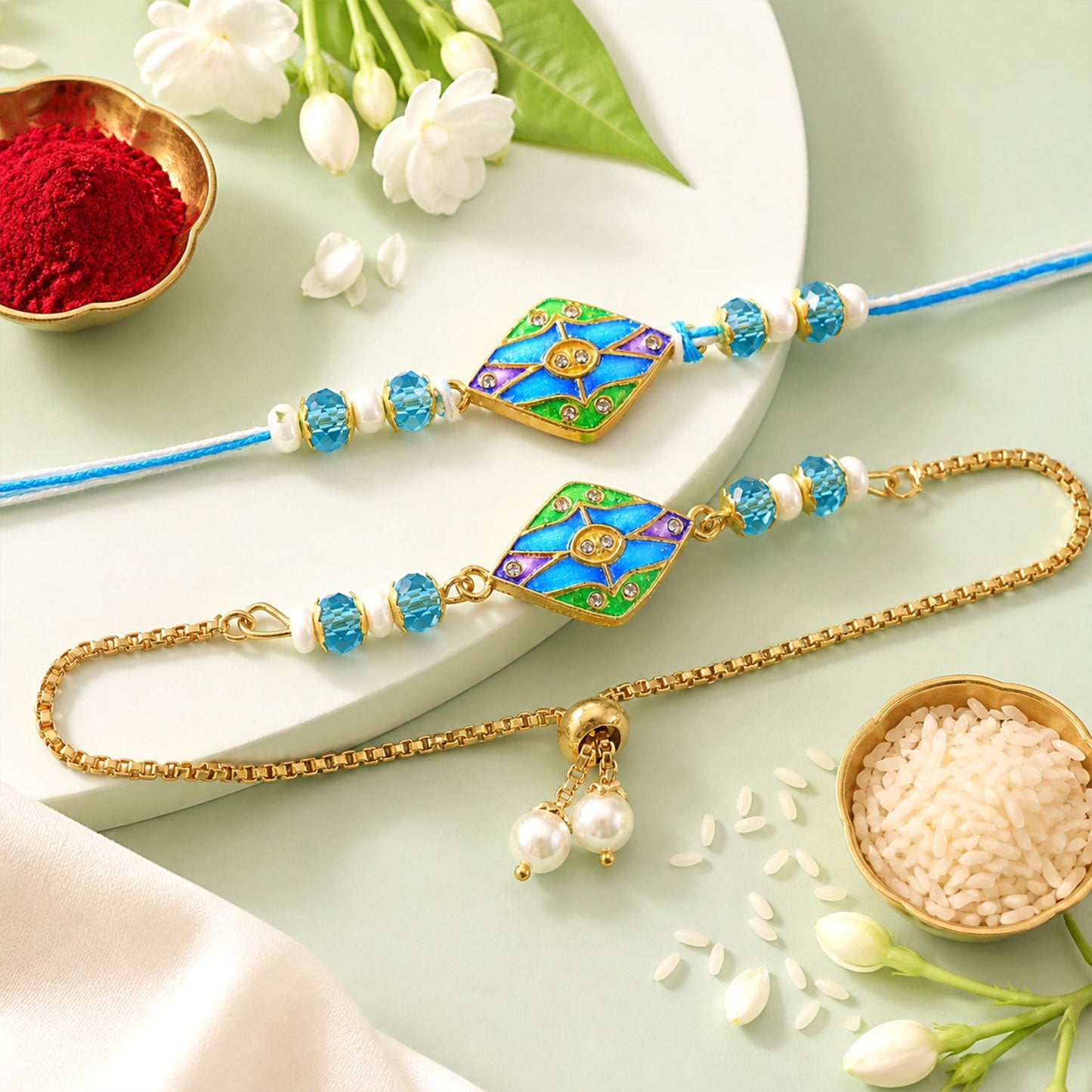 Premium Diamond Enamel Kundan Turquoise Beads Bhai Bhabhi Rakhi Lumba Set
