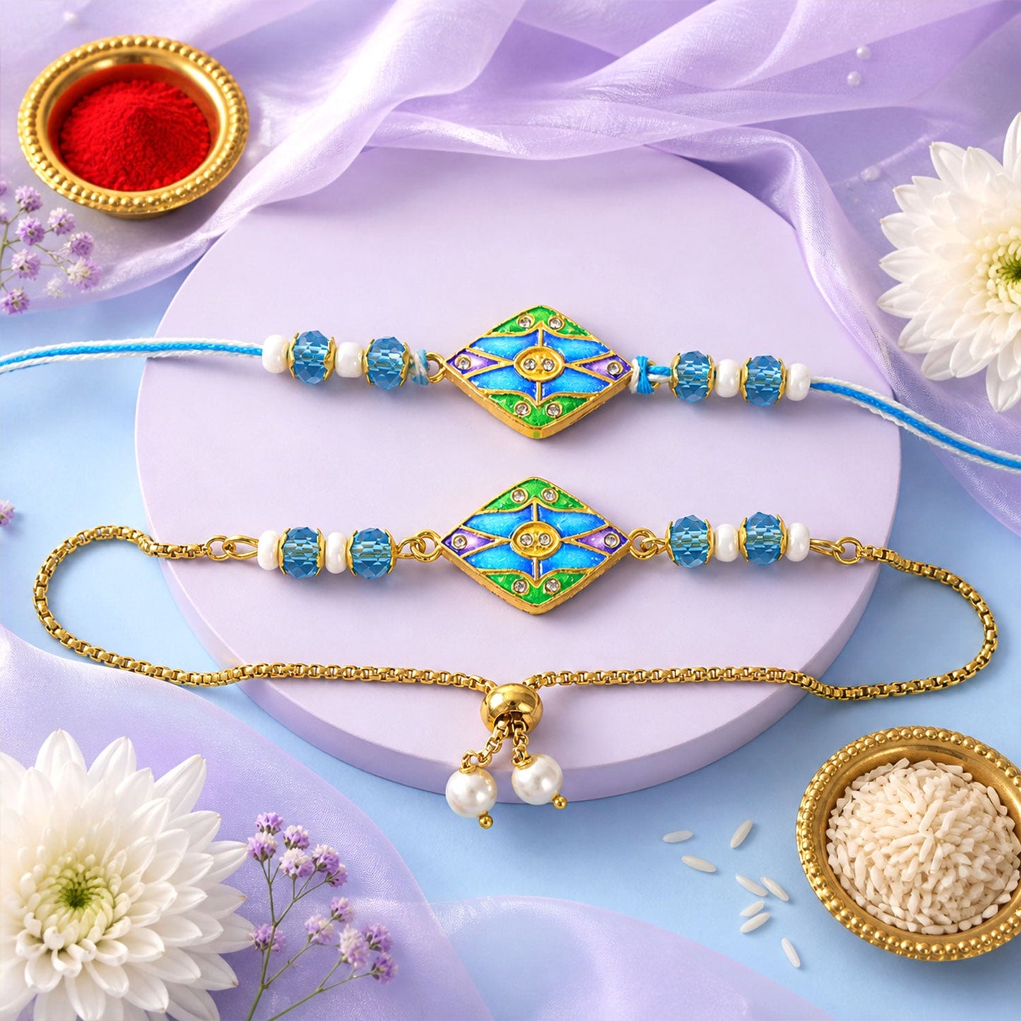 Premium Diamond Enamel Kundan Turquoise Beads Bhai Bhabhi Rakhi Lumba Set