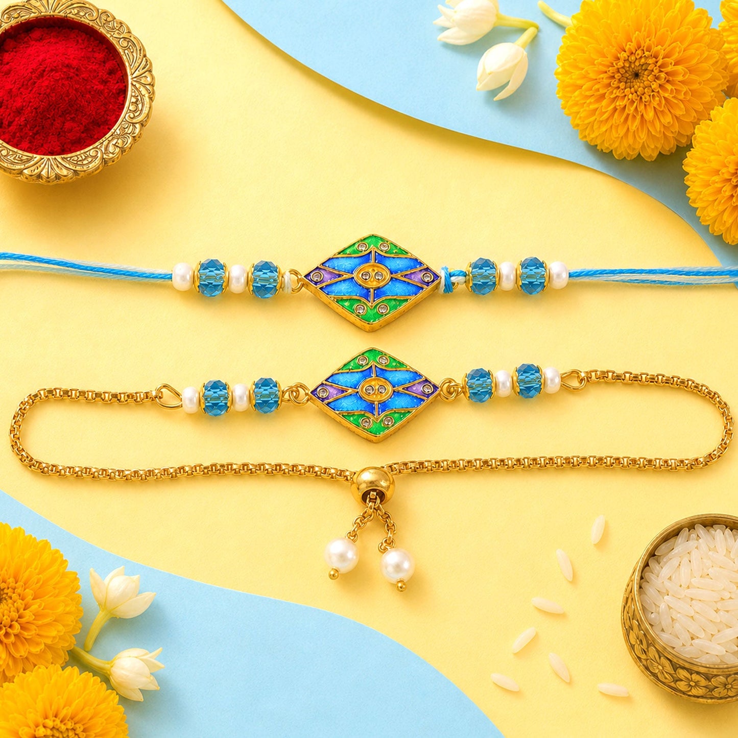 Premium Diamond Enamel Kundan Turquoise Beads Bhai Bhabhi Rakhi Lumba Set