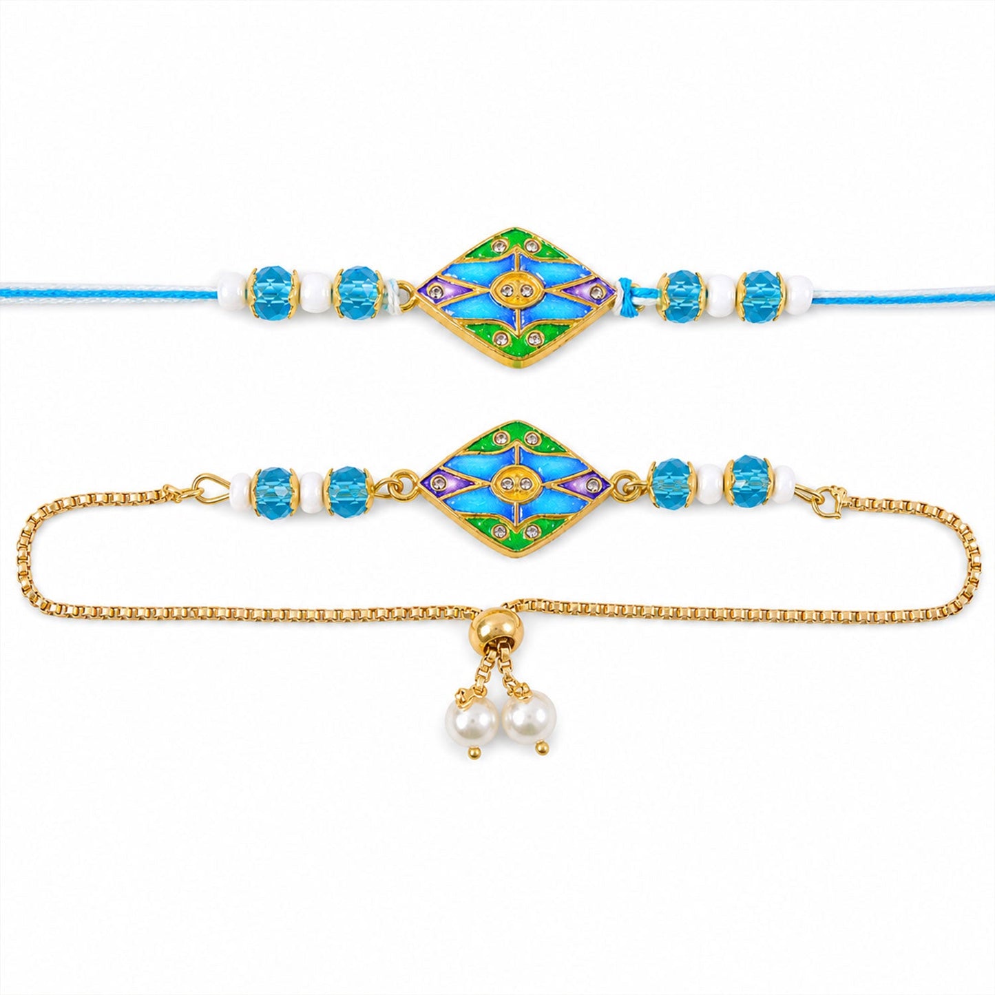 Premium Diamond Enamel Kundan Turquoise Beads Bhai Bhabhi Rakhi Lumba Set