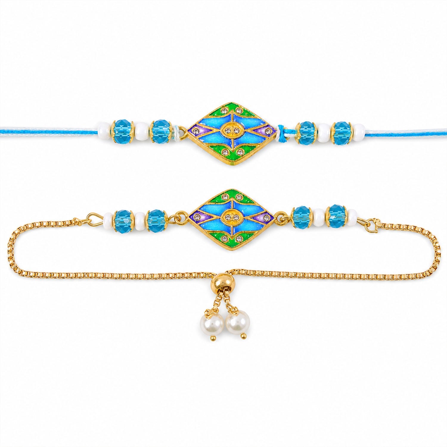Premium Diamond Enamel Kundan Turquoise Beads Bhai Bhabhi Rakhi Lumba Set
