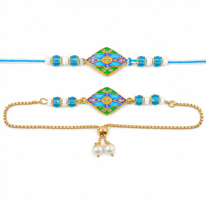 Premium Diamond Enamel Kundan Turquoise Beads Bhai Bhabhi Rakhi Lumba Set