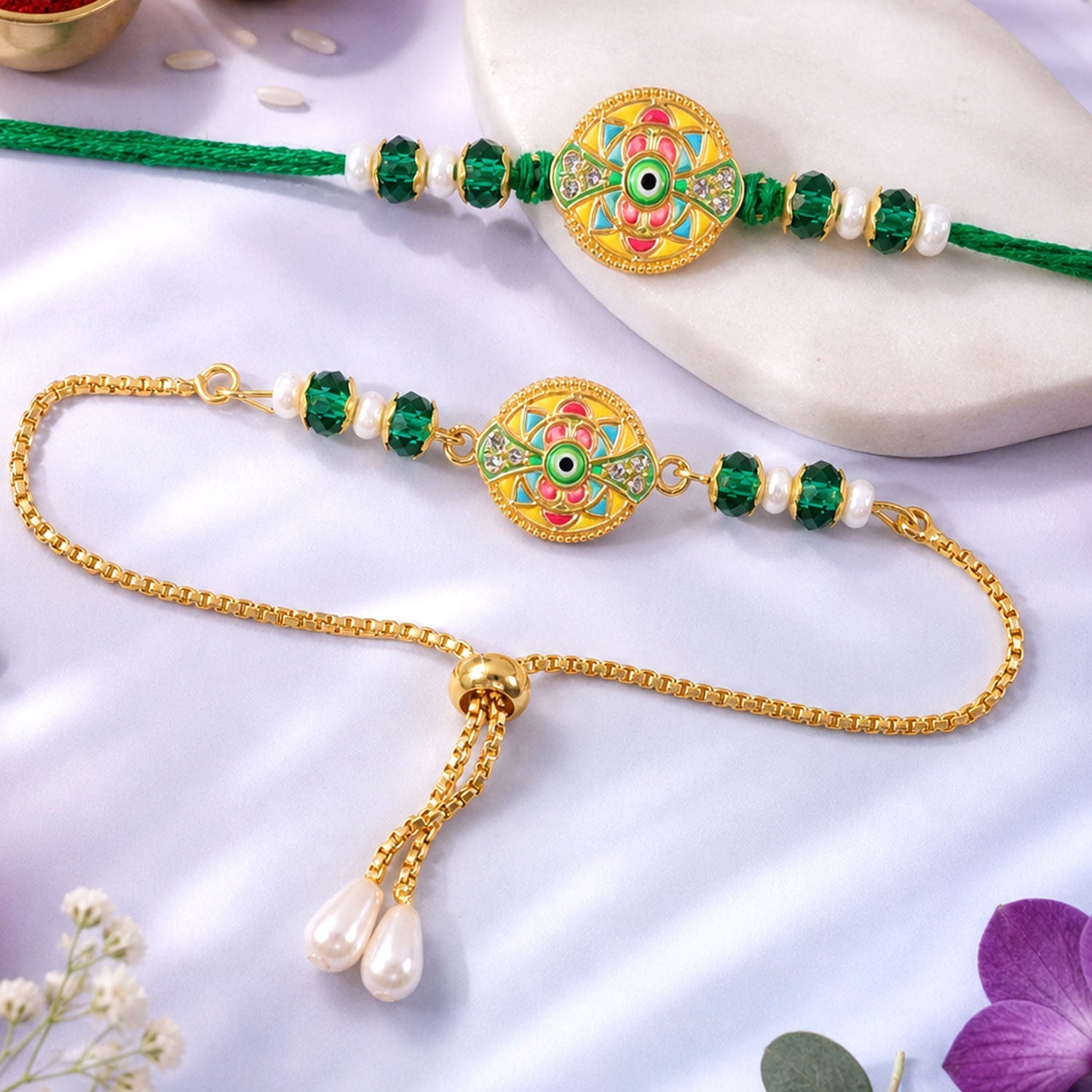 Round Nazar Evil Eye Meenakari Kundan Beads Bhai Bhabhi Rakhi Lumba Set