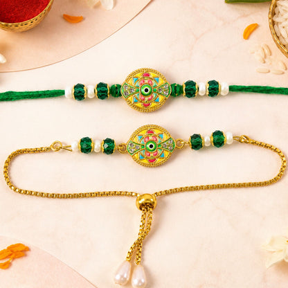 Round Nazar Evil Eye Meenakari Kundan Beads Bhai Bhabhi Rakhi Lumba Set