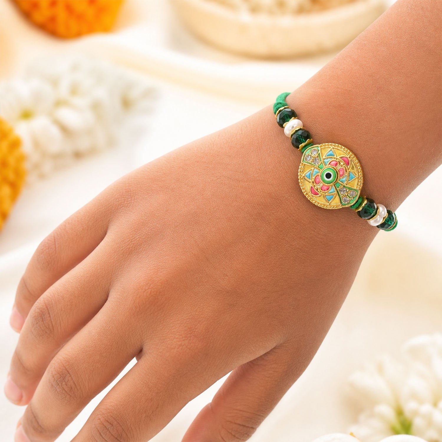 Round Nazar Evil Eye Meenakari Kundan Beads Bhai Bhabhi Rakhi Lumba Set