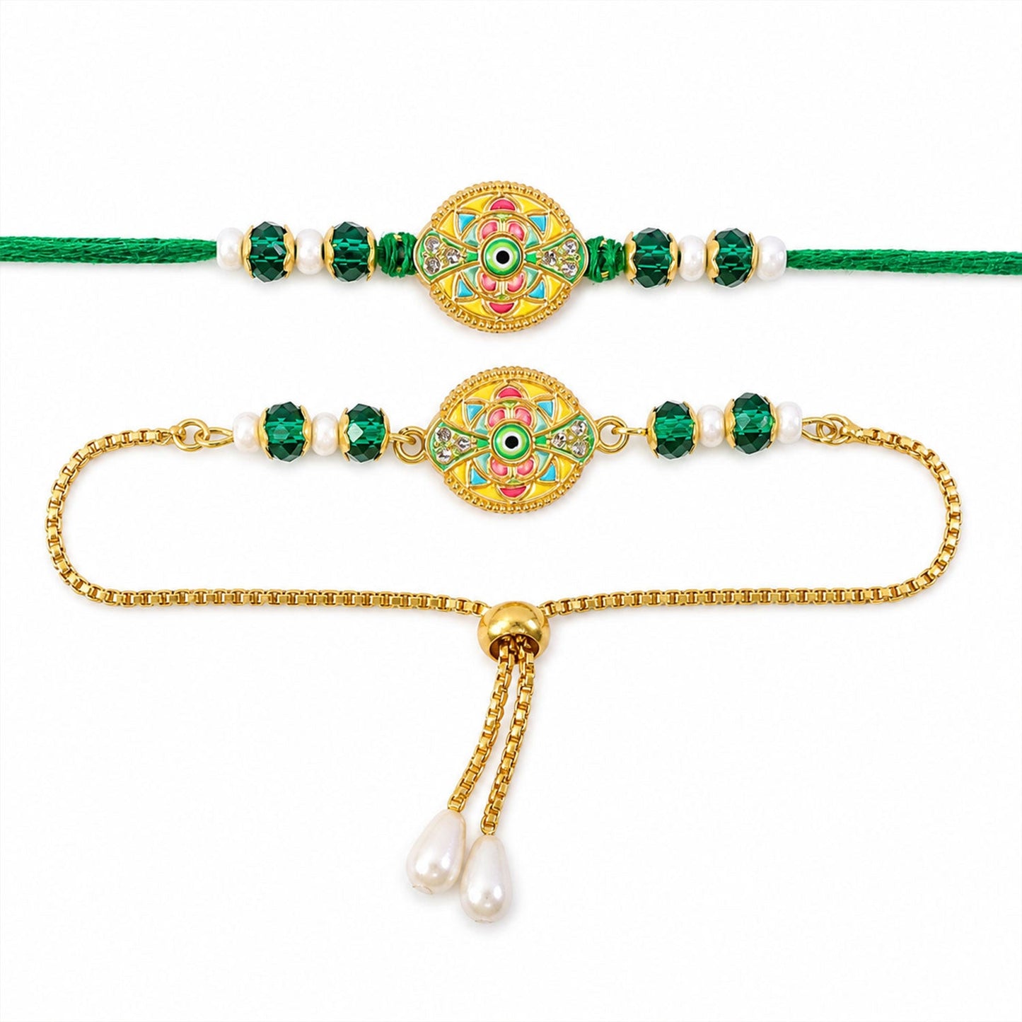 Round Nazar Evil Eye Meenakari Kundan Beads Bhai Bhabhi Rakhi Lumba Set
